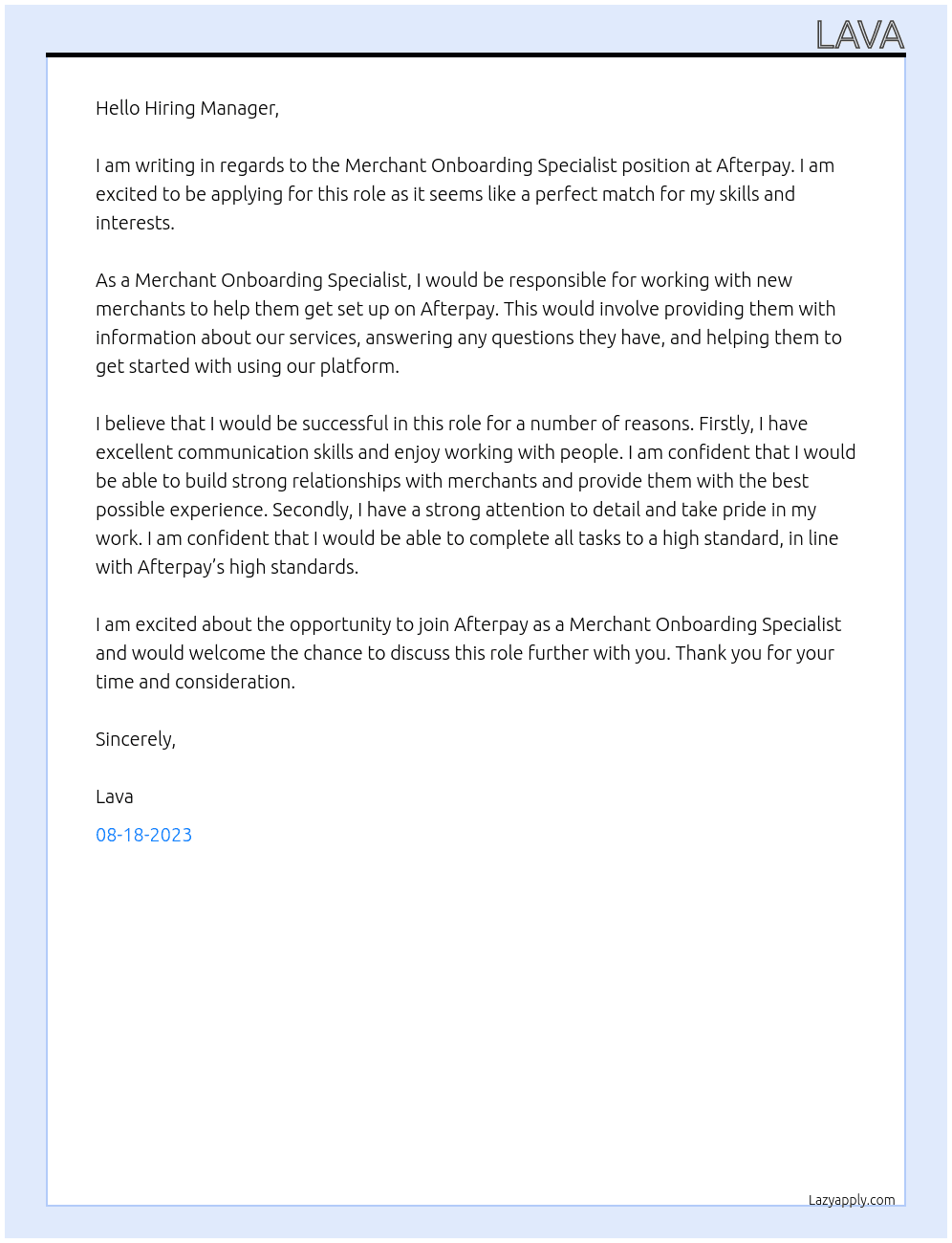 Merchant Onboarding Specialist At Afterpay Cover Letter