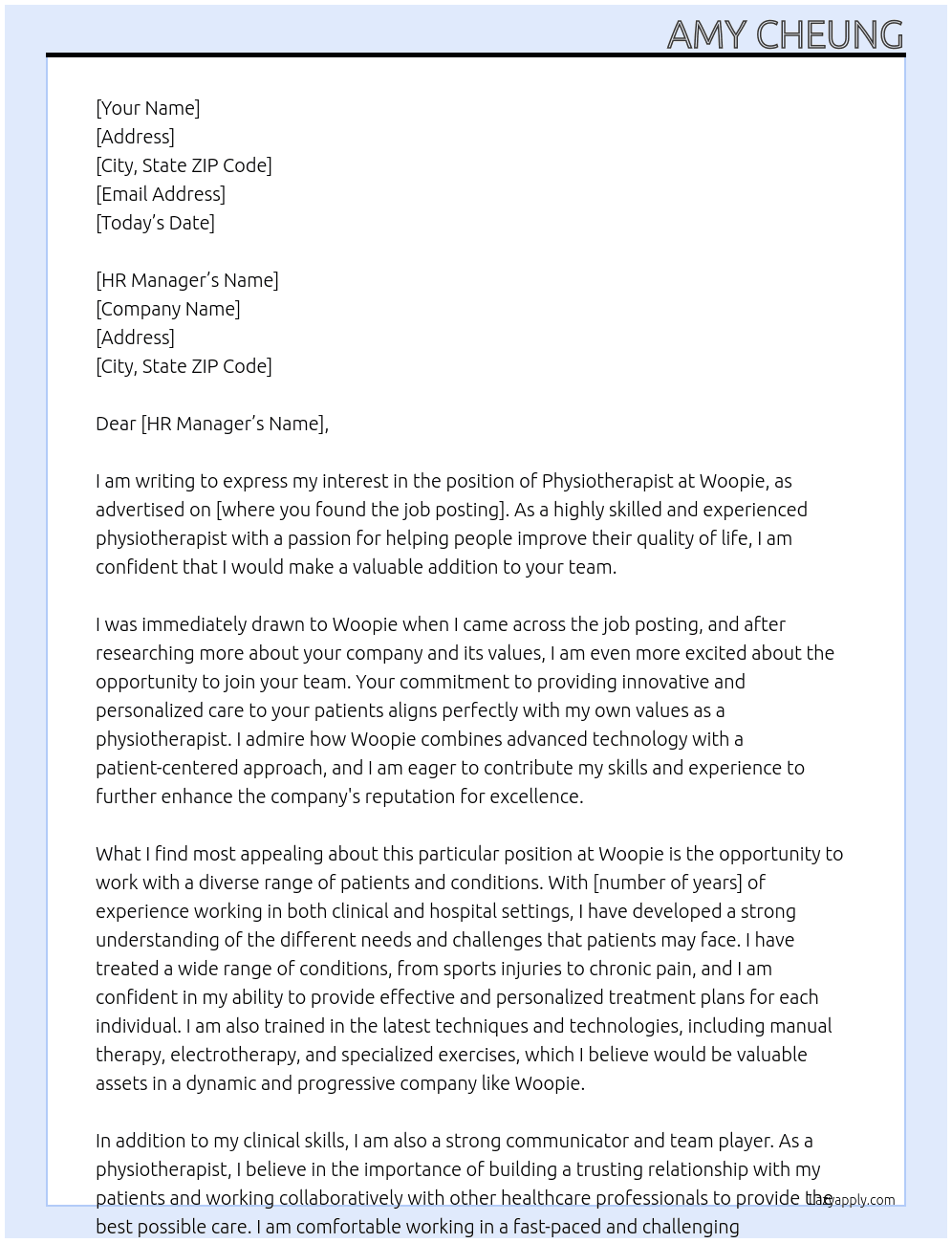 Physiotherapist At Woopie Cover Letter
