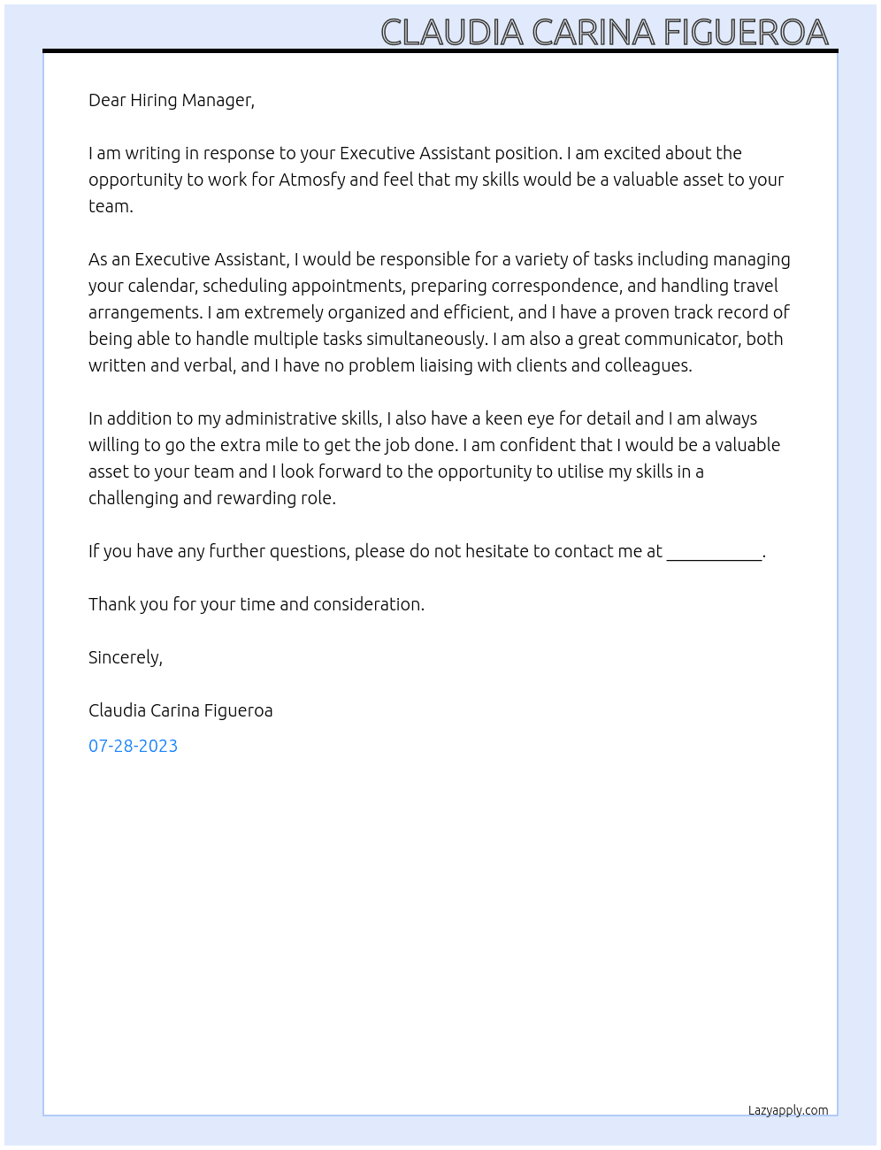 Executive Assistant  At Atmosfy Cover Letter