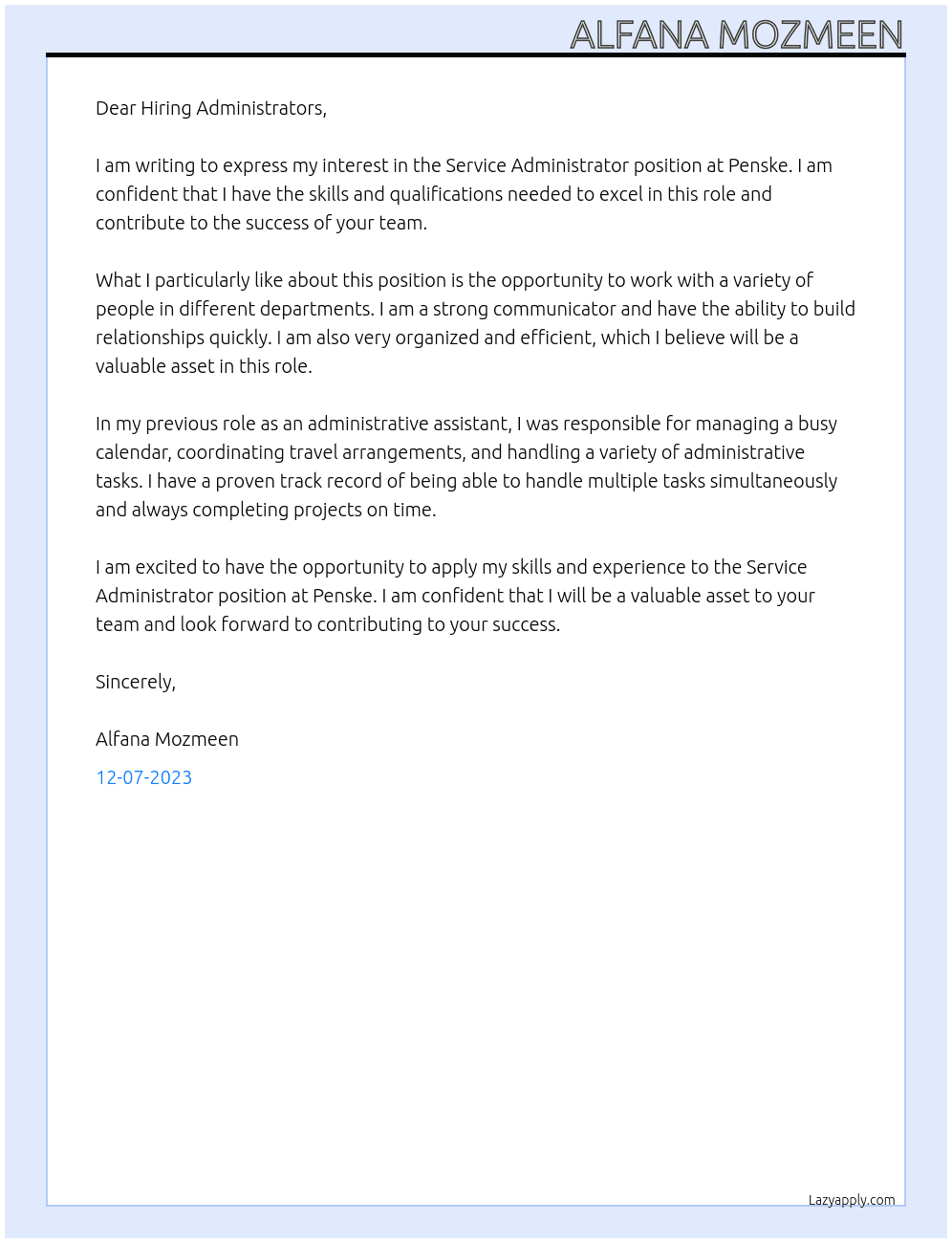 Service Administrator  At Penske  Cover Letter