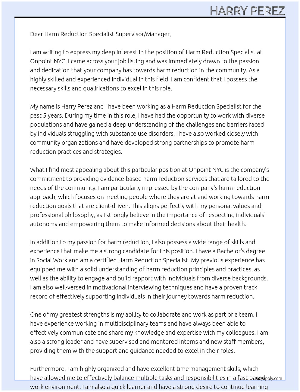 Harm Reduction Specialist  At Onpoint NYC  Cover Letter