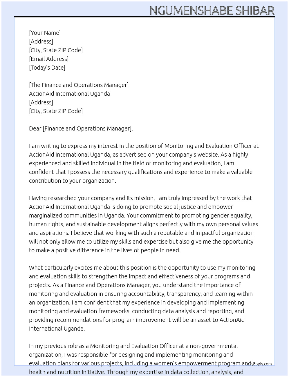 MONITORING AND EVALUATION  At ActionAid International Uganda Cover Letter