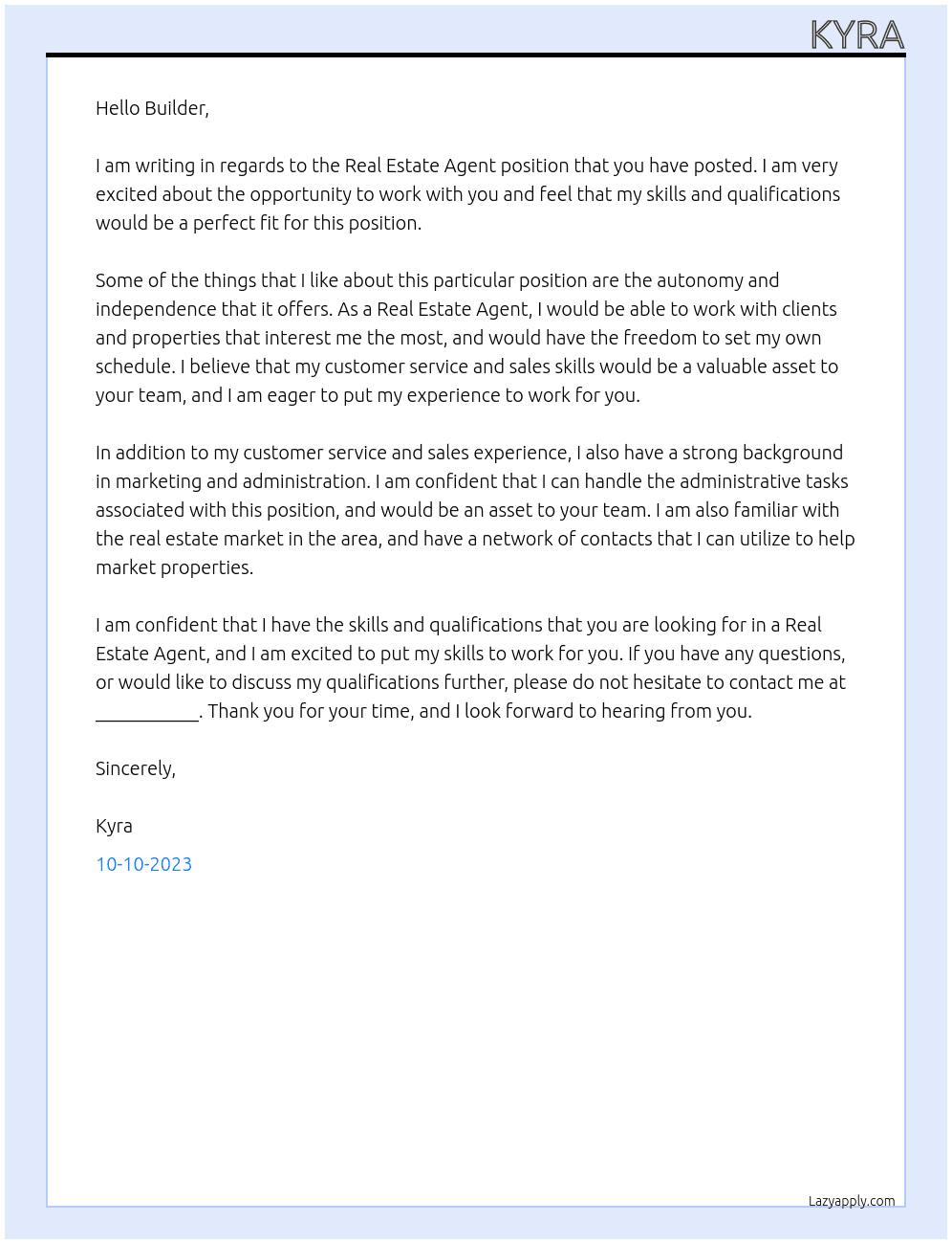 real estate agent At builder Cover Letter