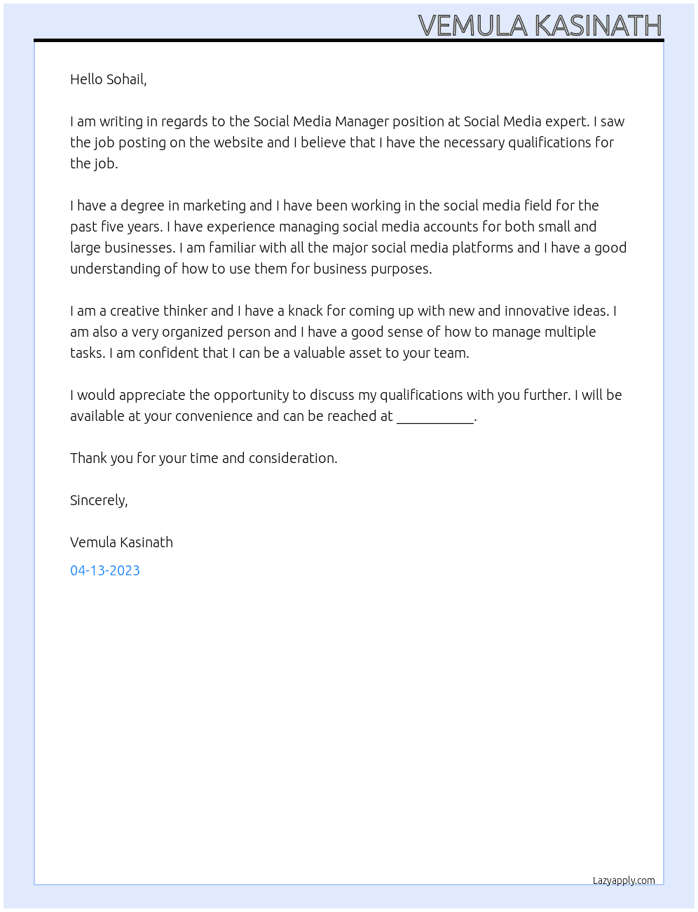 Social Media Manager At Social Media expert Cover Letter