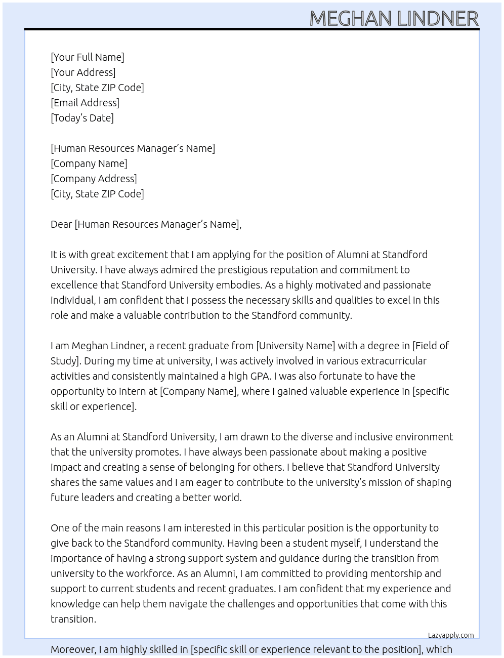 Alumni  At Standford University Cover Letter