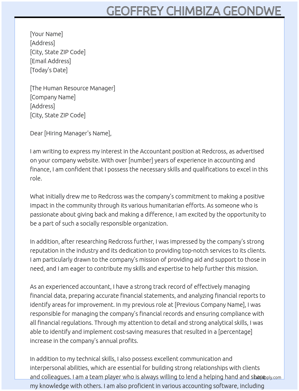 Accountant At Redcross Cover Letter