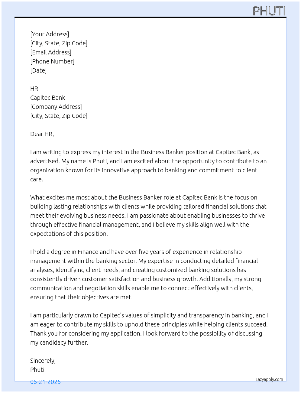 Business Banker At Capitec Bank Cover Letter