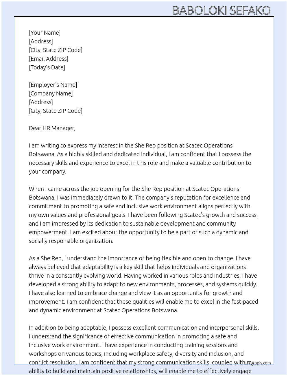 She Rep At Scatec Operations Botswana  Cover Letter