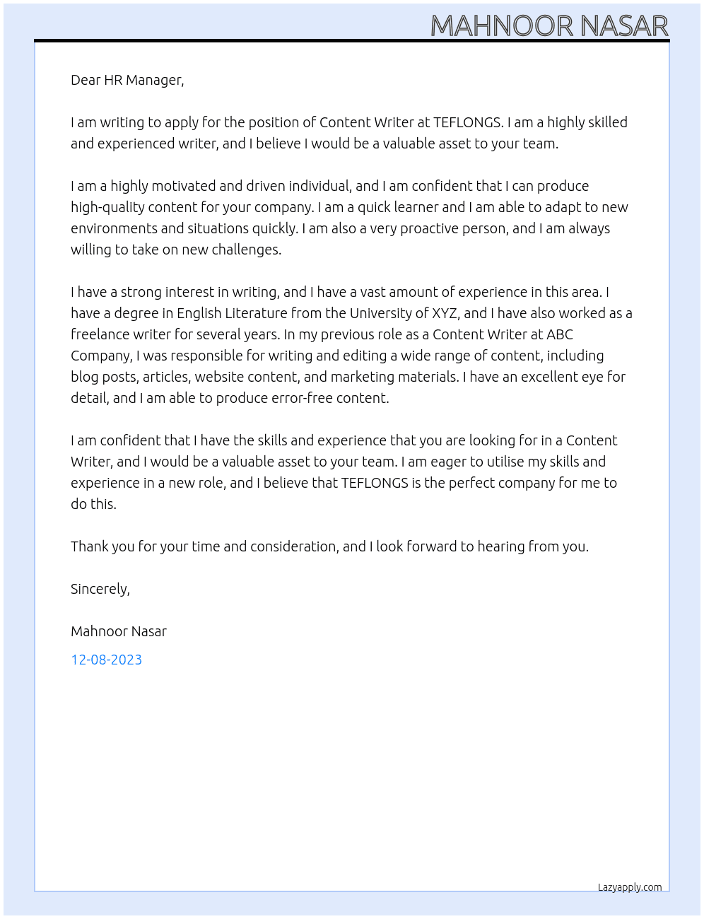 content writer At TEFLONGS Cover Letter