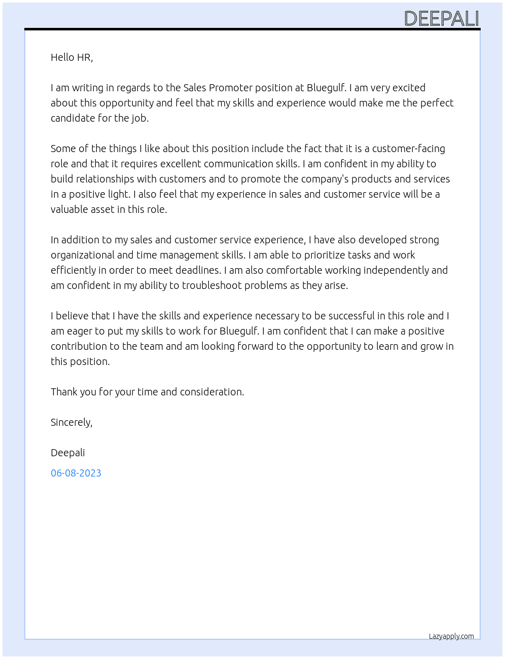 sales promoter At bluegulf Cover Letter
