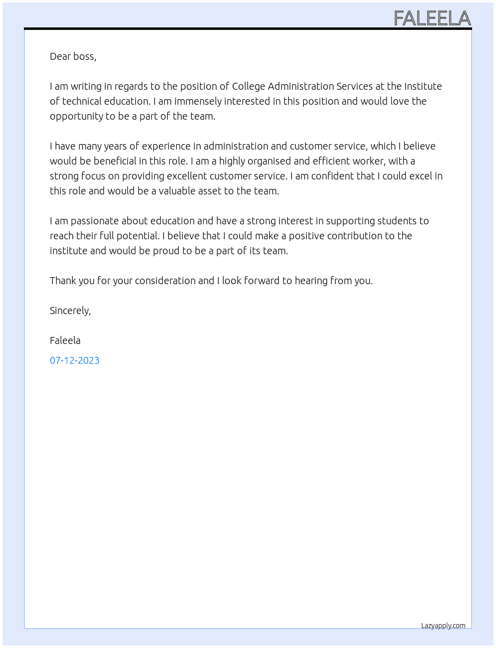 College Administration Services At Institute of technical education Cover Letter