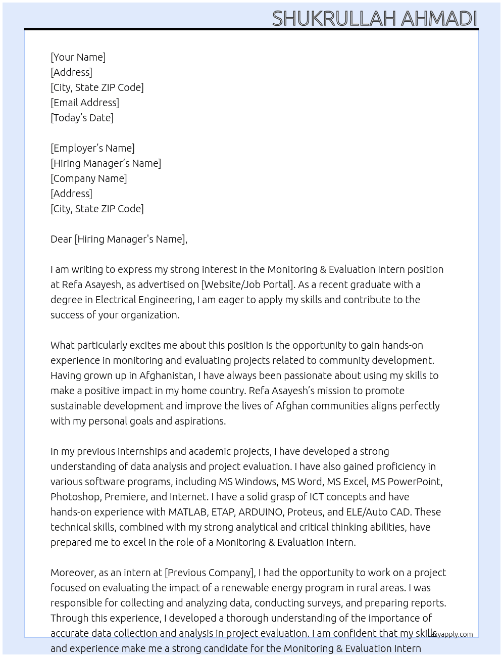 Monitoring & Evaluation Intern At Refa Asayesh Cover Letter