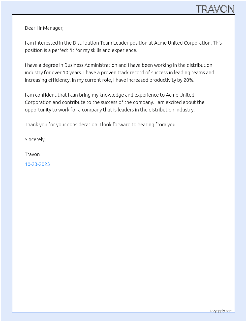 Distribution Team Leader At Acme United Corporation  Cover Letter