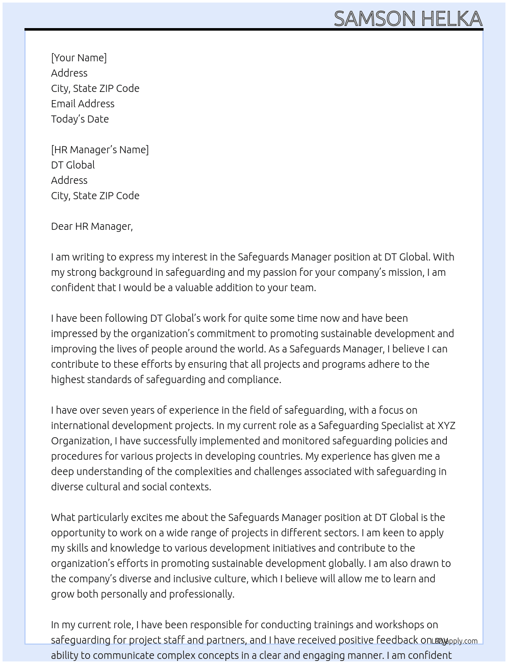 safeguards manager At dt global Cover Letter