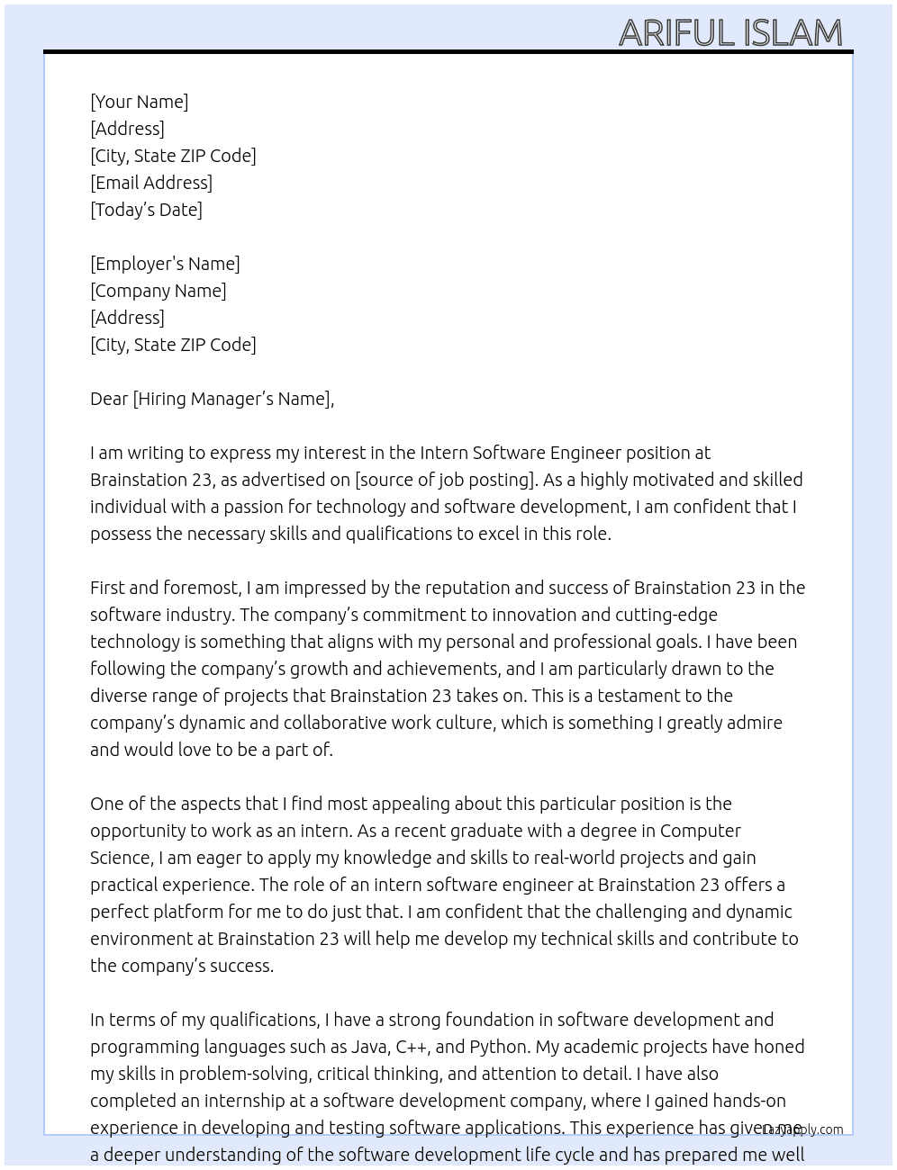 Intern software engineer  At Brainstation 23 Cover Letter