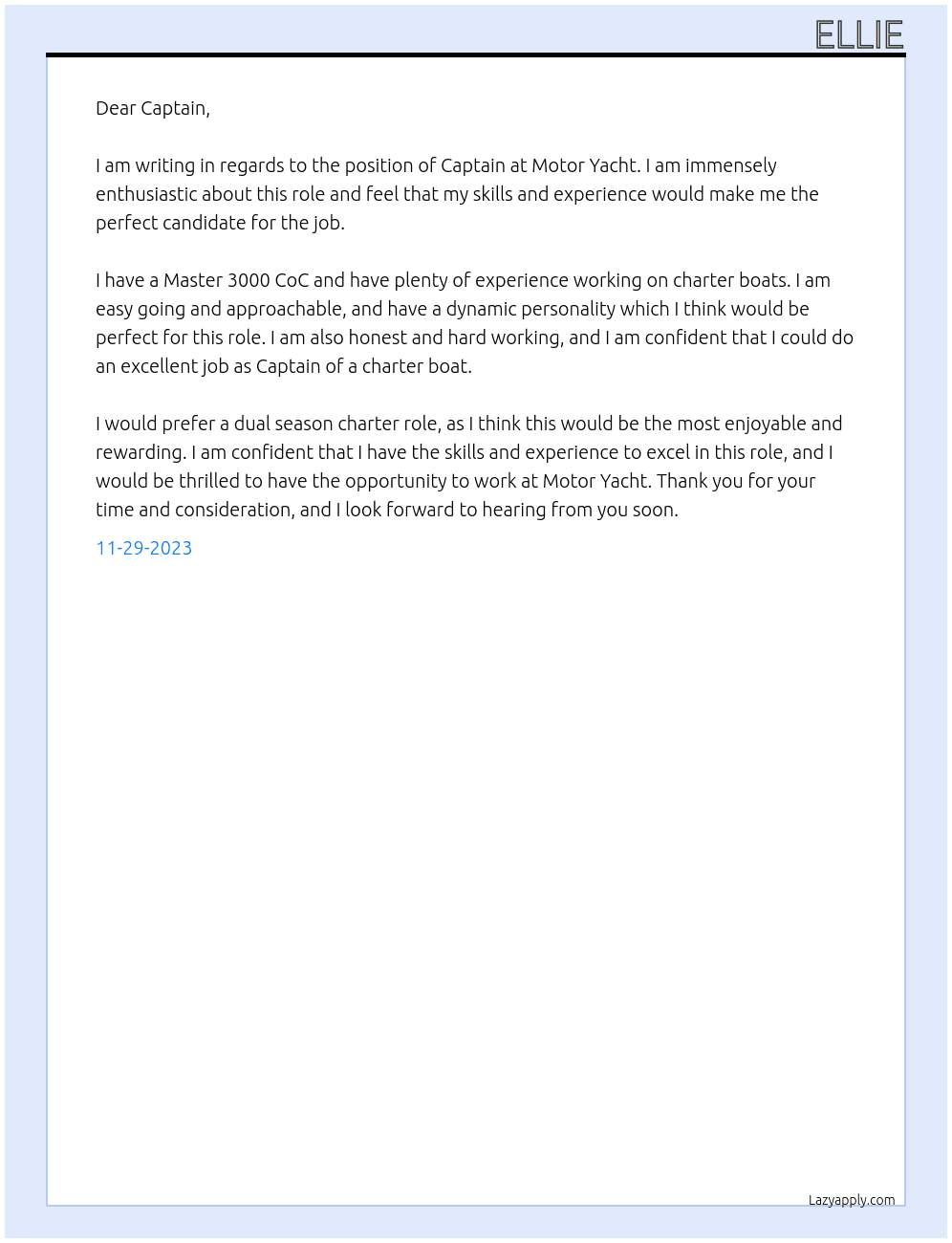 Captain  At Motor Yacht Cover Letter