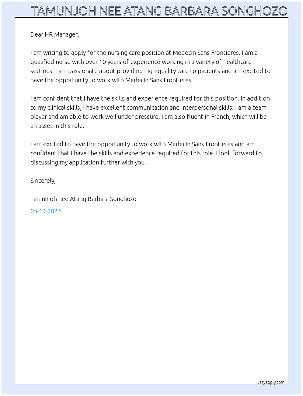 nursing care At Medecin Sans Frontieres Cover Letter