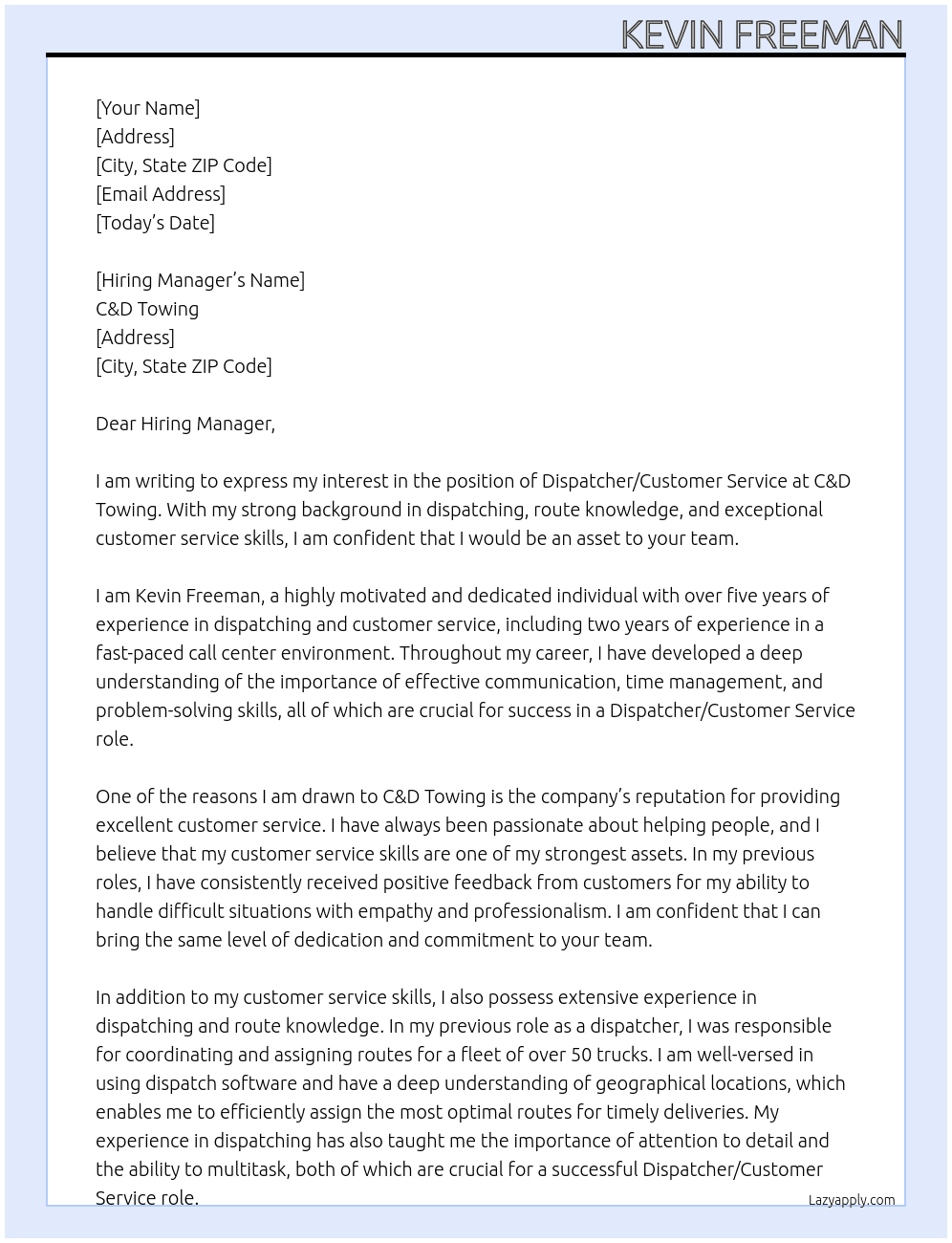 Dispatcher/Customer Service At C&D Towing Cover Letter