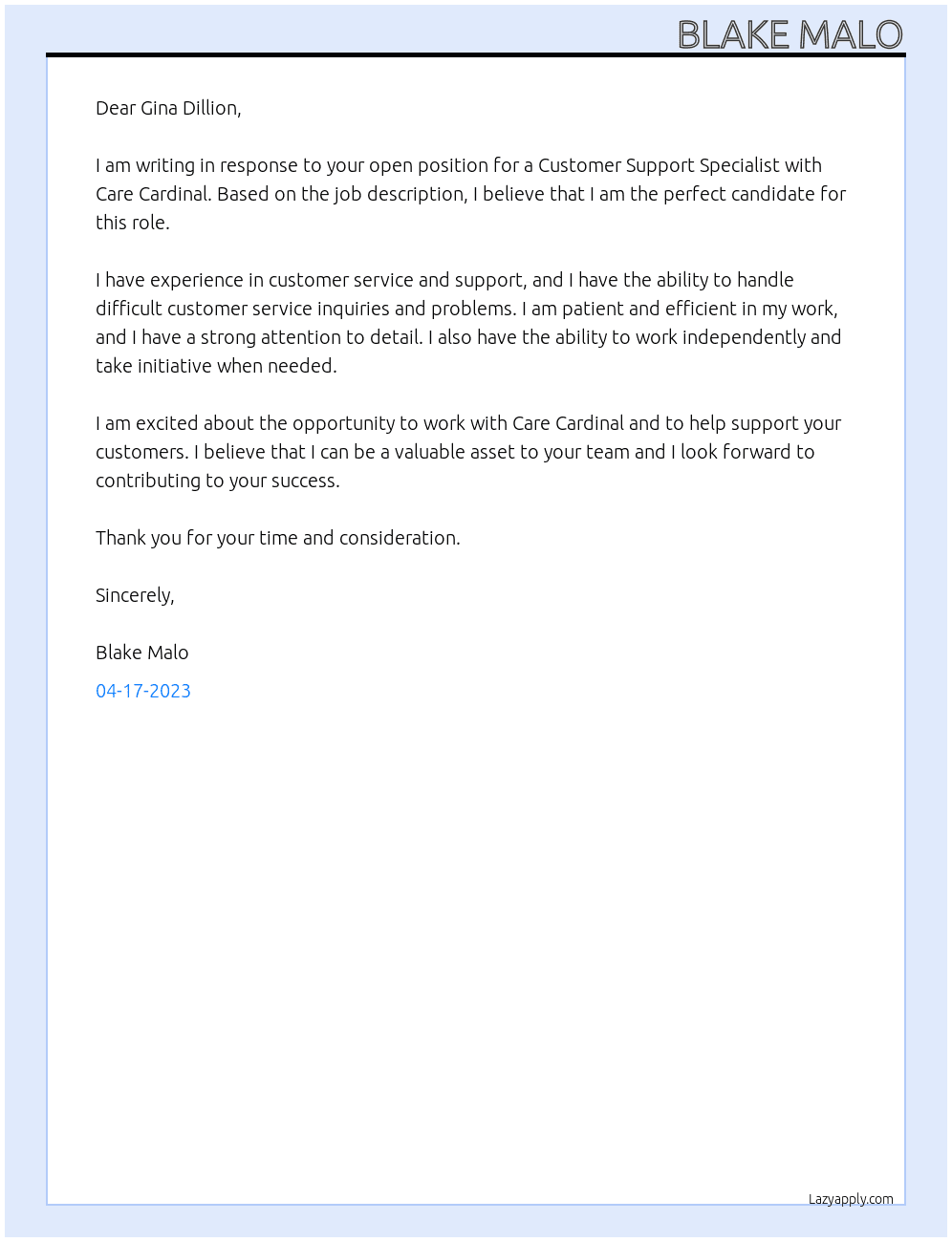 Customer Support Specialist At Care Cardinal Cover Letter