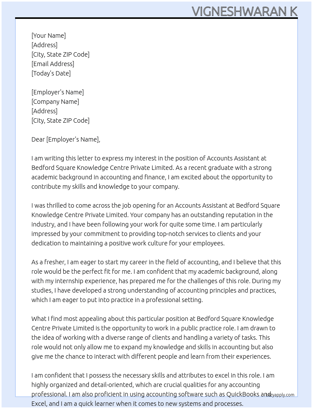 Accounts assistant At Bedford Square Knowledge Centre Private Limited Cover Letter
