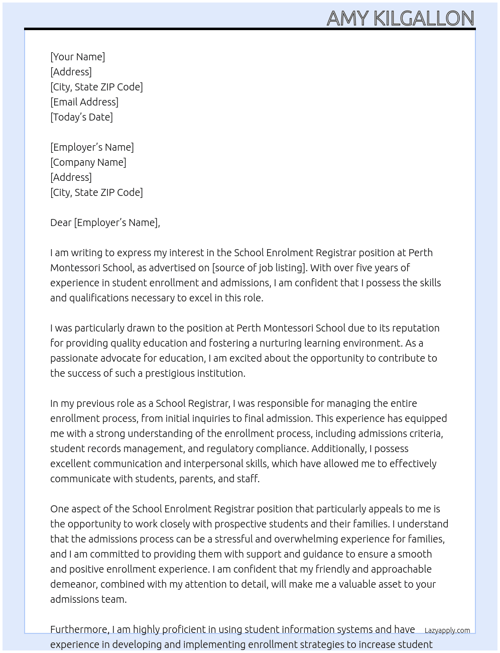 School Enrolment Registrar  At  Perth Montessori School Cover Letter