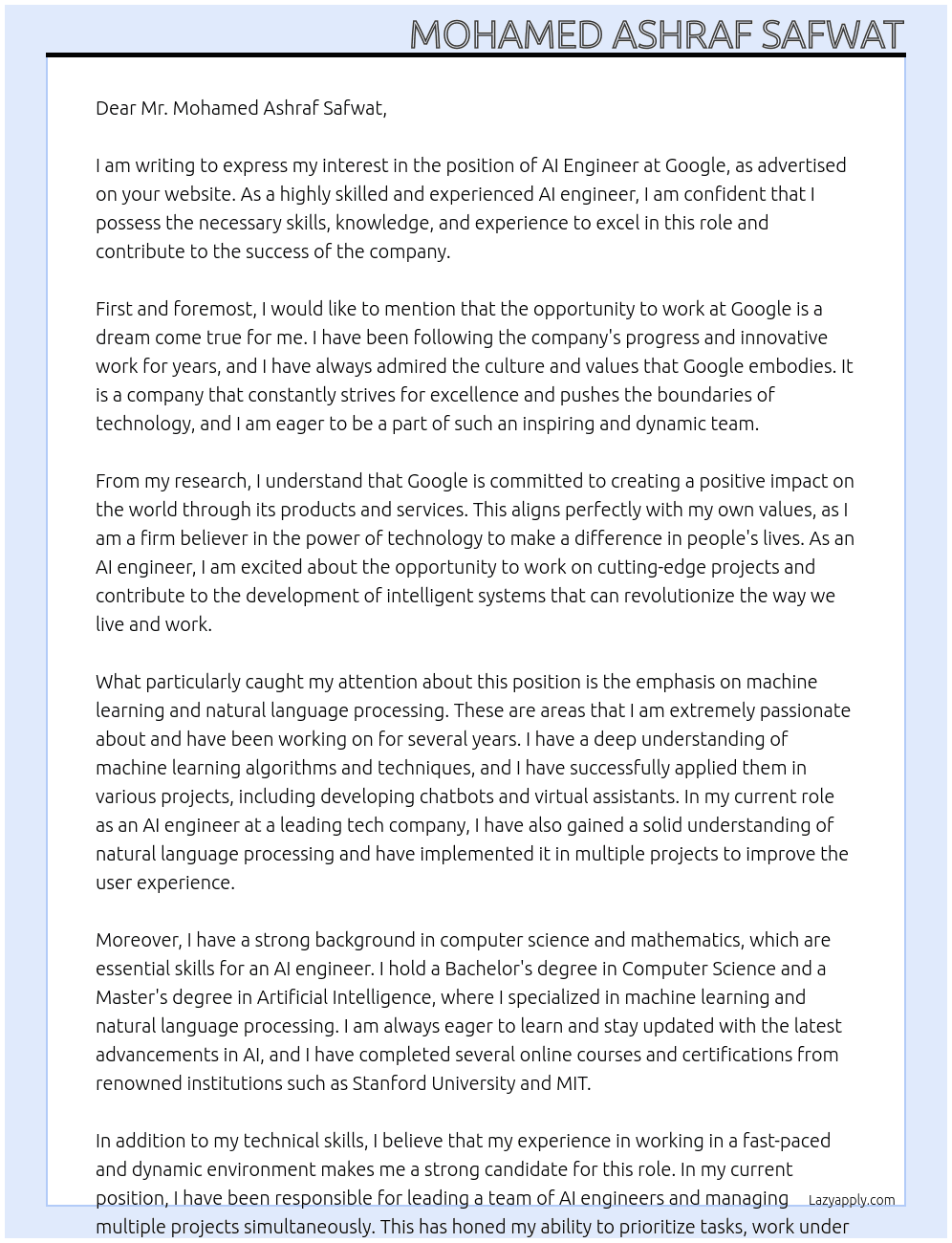 Ai enginner At GOOGLE Cover Letter