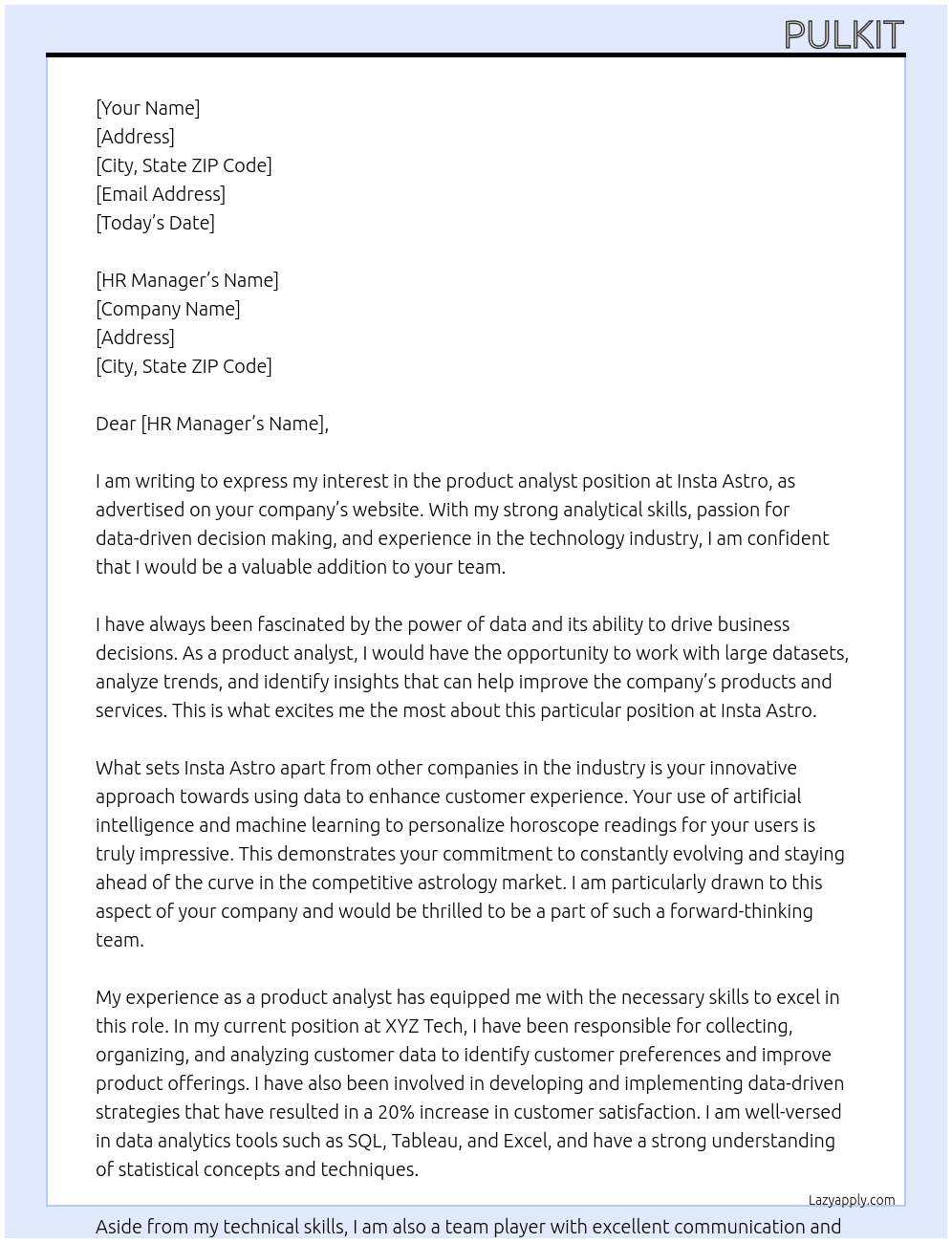 product analyst At insta astro Cover Letter