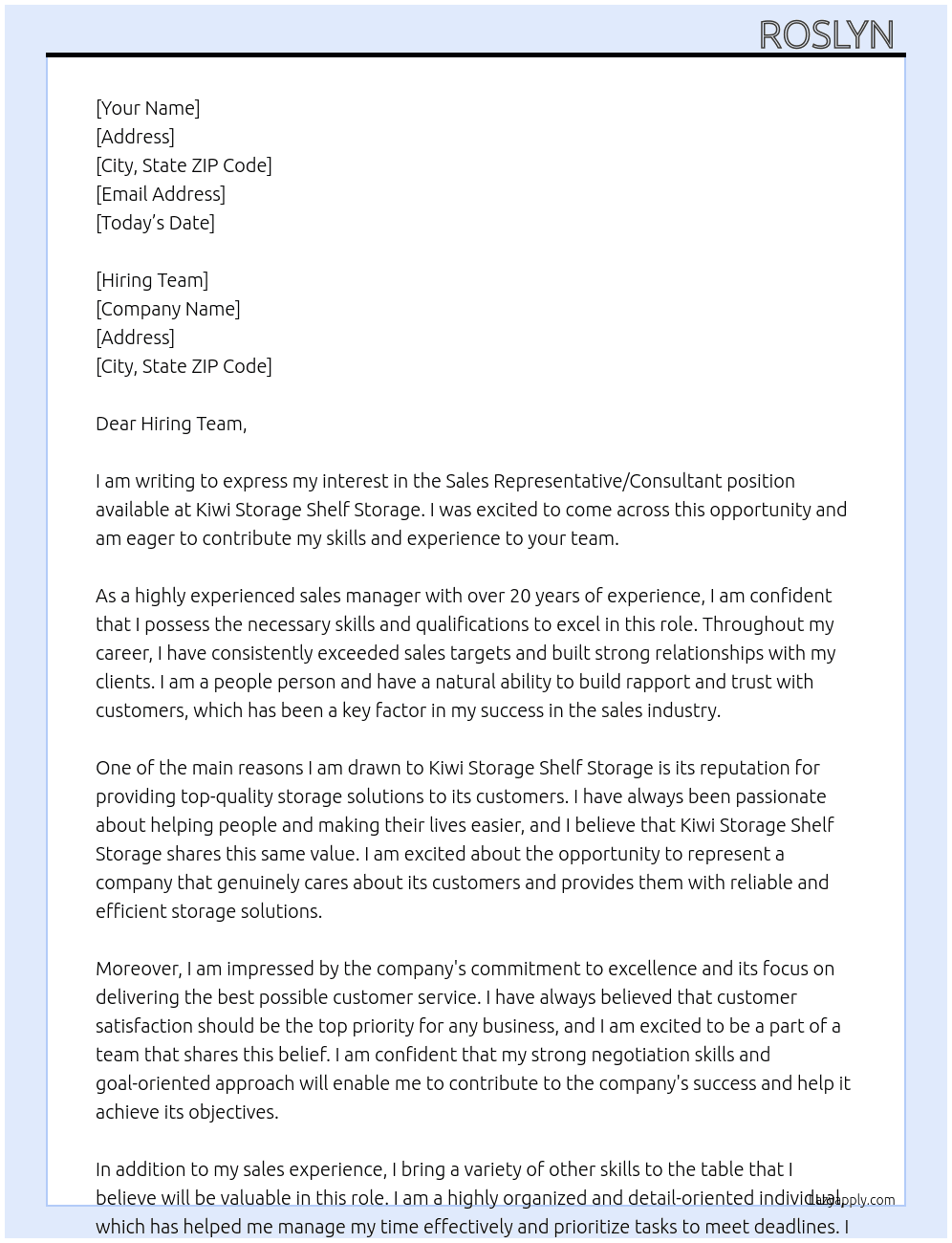 Sales representative /consultants(sales) At Kiwi storage shelf storage  Cover Letter