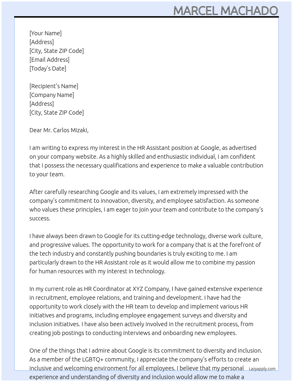 HR Assistant At Google Cover Letter