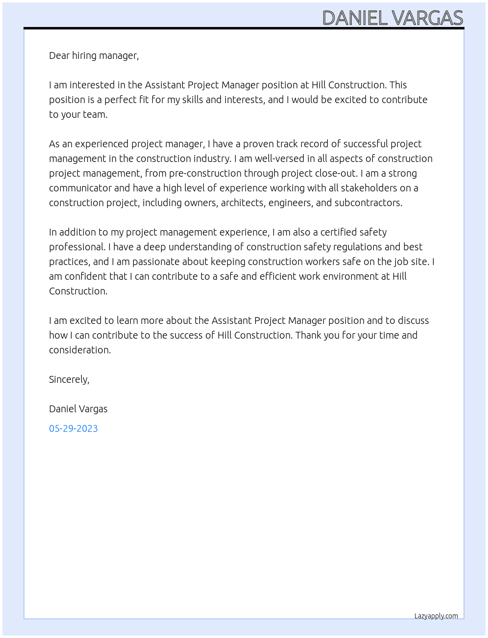 Assistante Project Manager  At Hill Constrtuction  Cover Letter