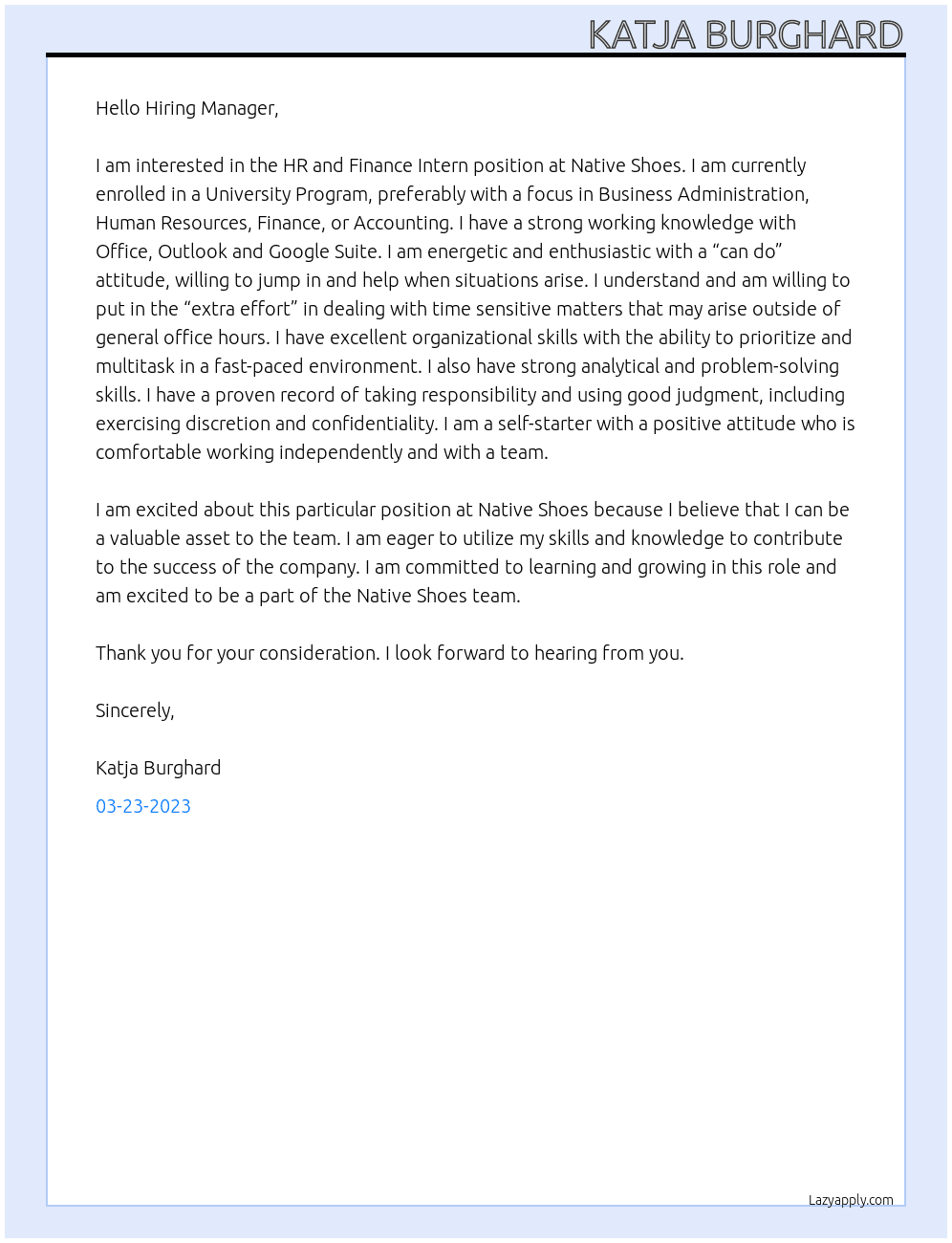 HR and Finance Intern At Native Shoes Cover Letter