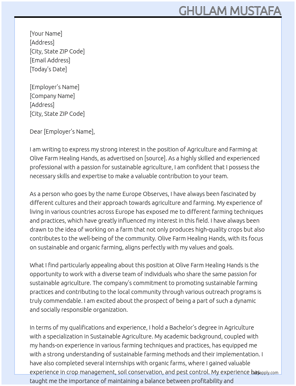 Agriculture and farming  At Olive farm healing hands  Cover Letter
