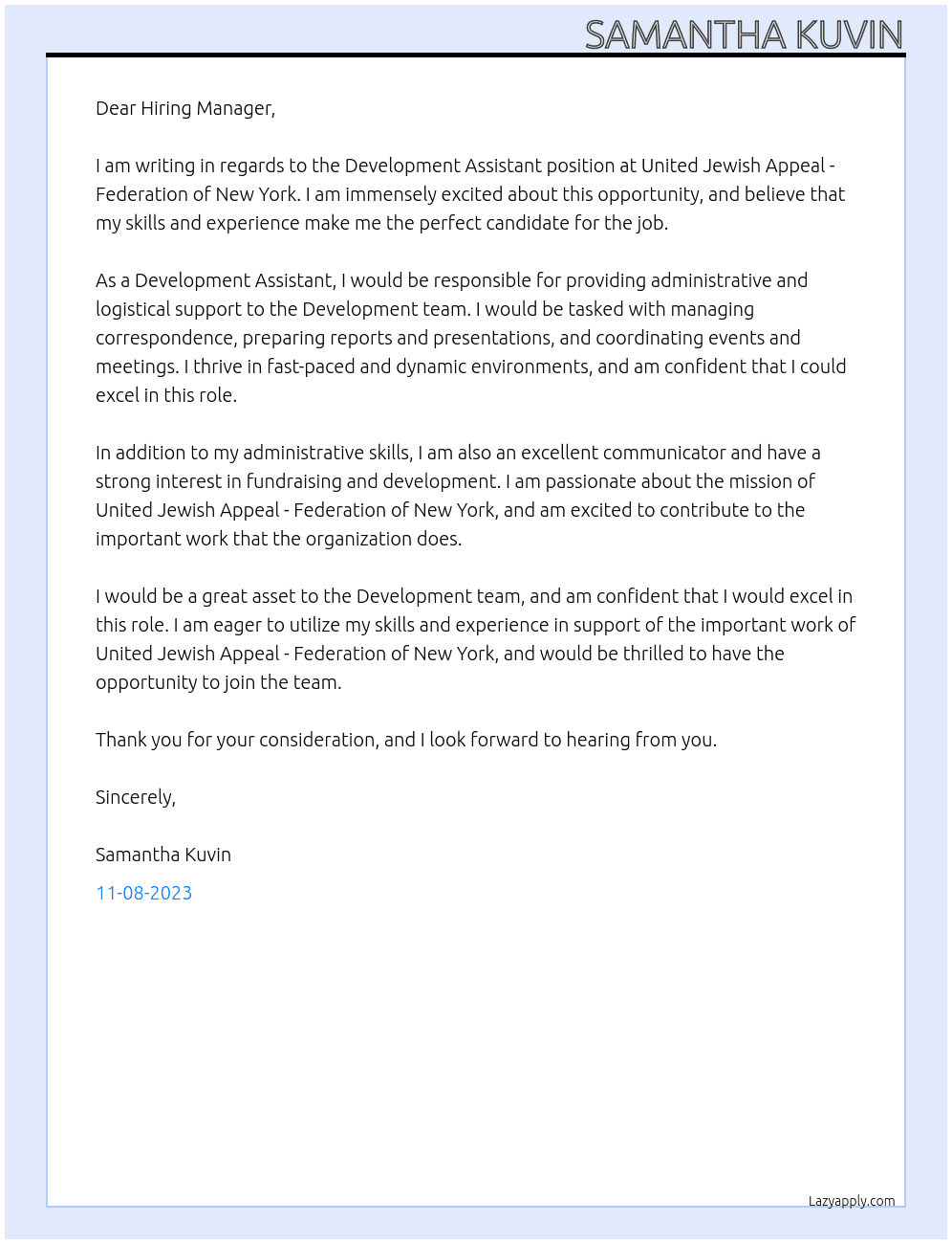 Development Assistant At United Jewish Appeal - Federation of New York Cover Letter