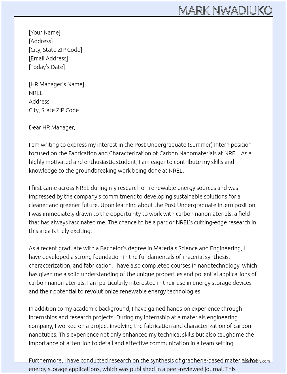  Post Undergraduate (Summer) Intern position focused on the Fabrication and Characterization of Carbon Nanomaterials At NREL Cover Letter