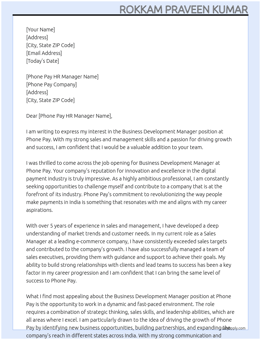 Business development  At Phone pay Cover Letter