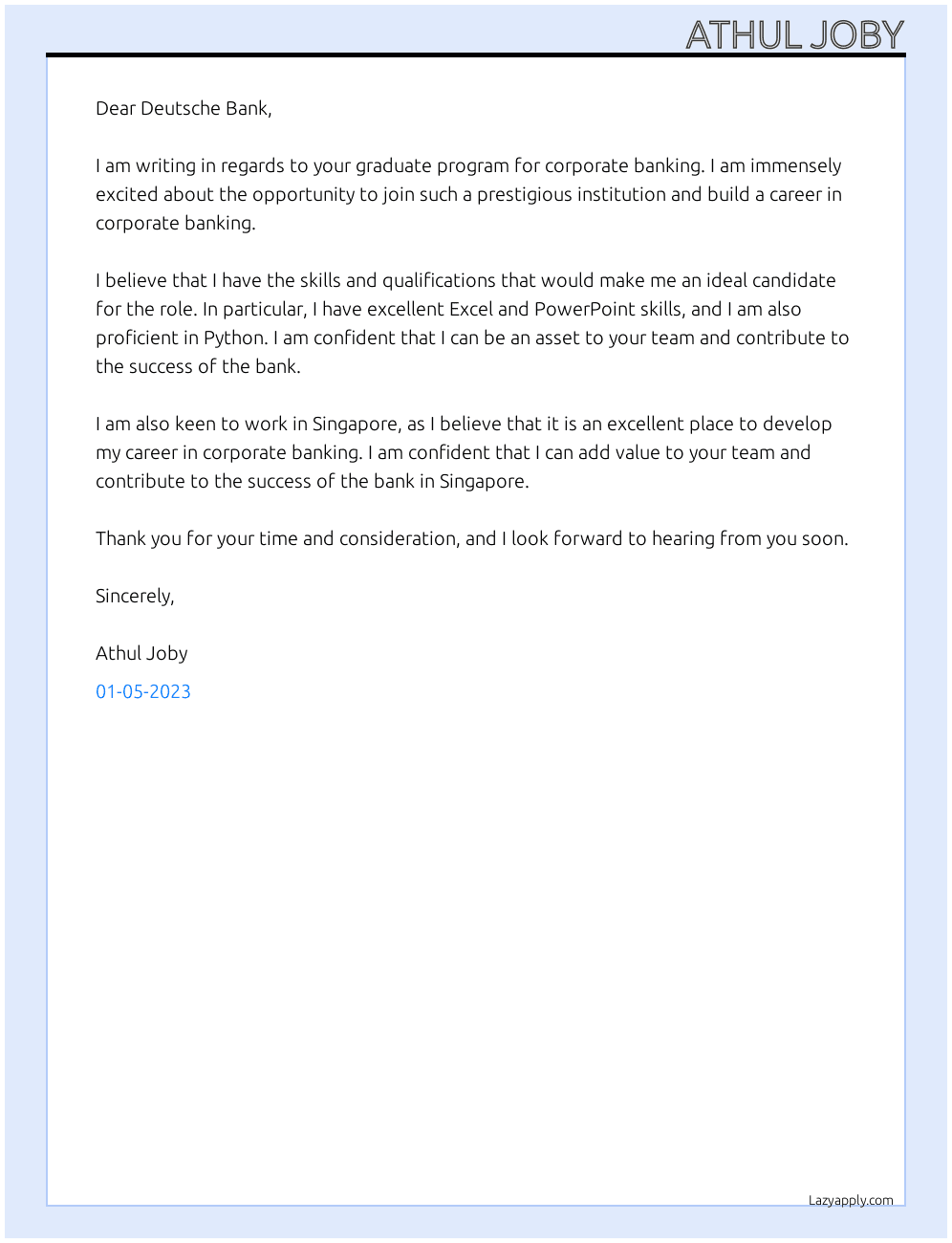 Cover letter for graduate program-corporate bank - LazyApply