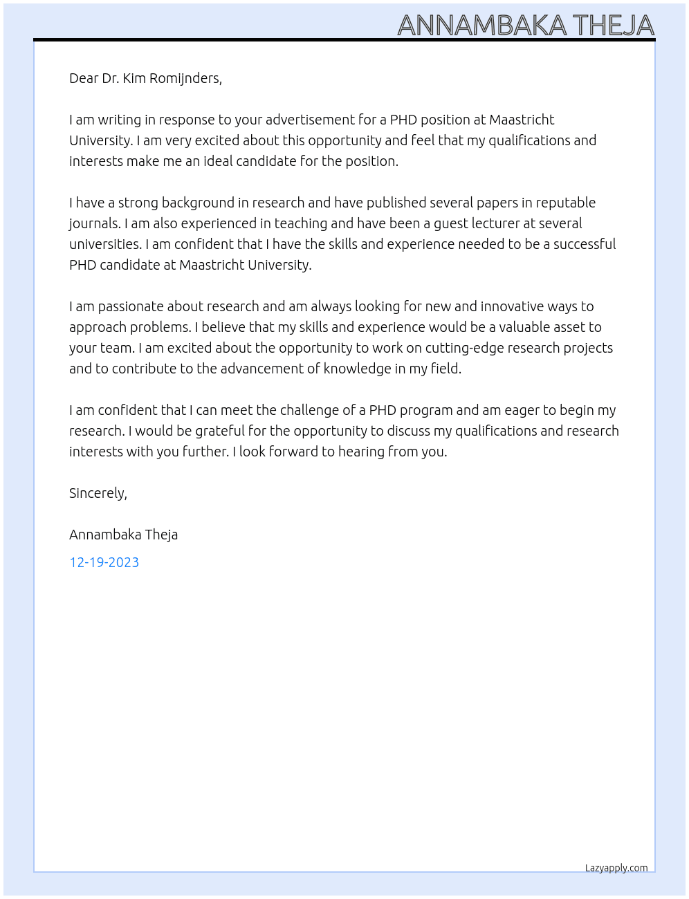 PHD position At Maastricht University Cover Letter
