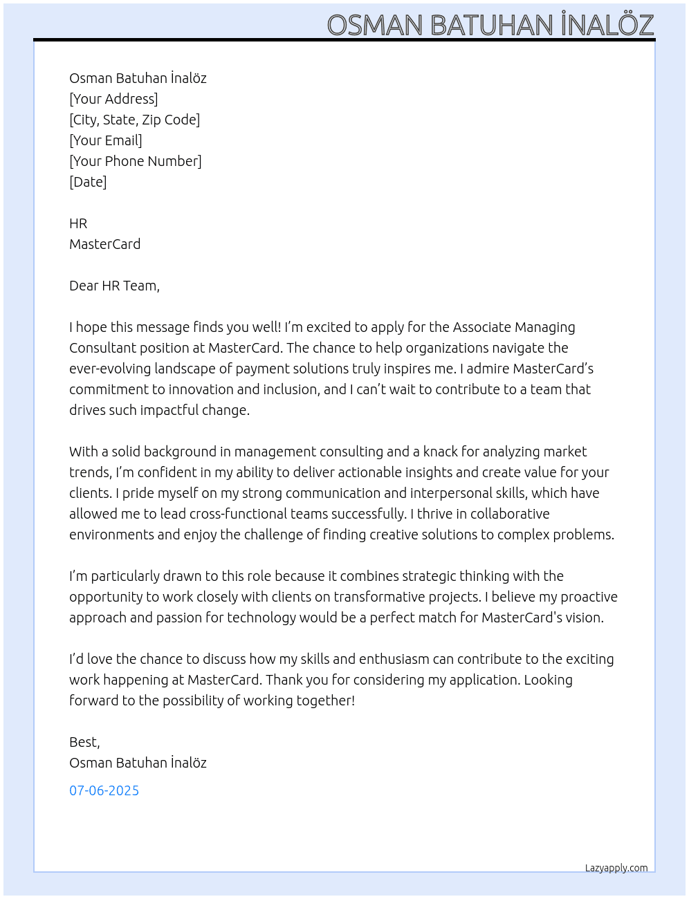 Associate Managing Consultant At MasterCard Cover Letter