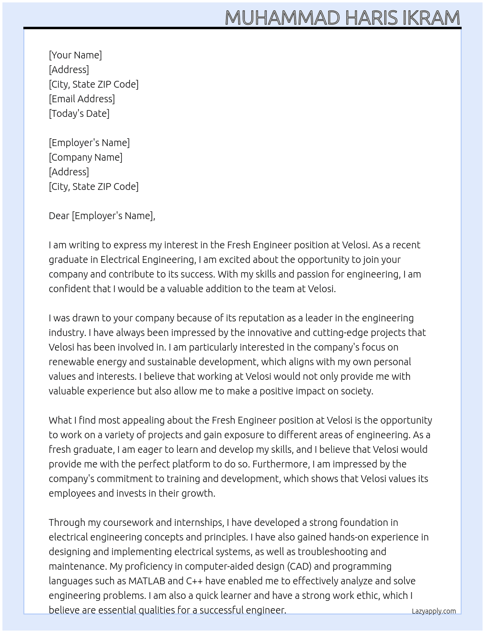 Fresh engineer At Velosi Cover Letter