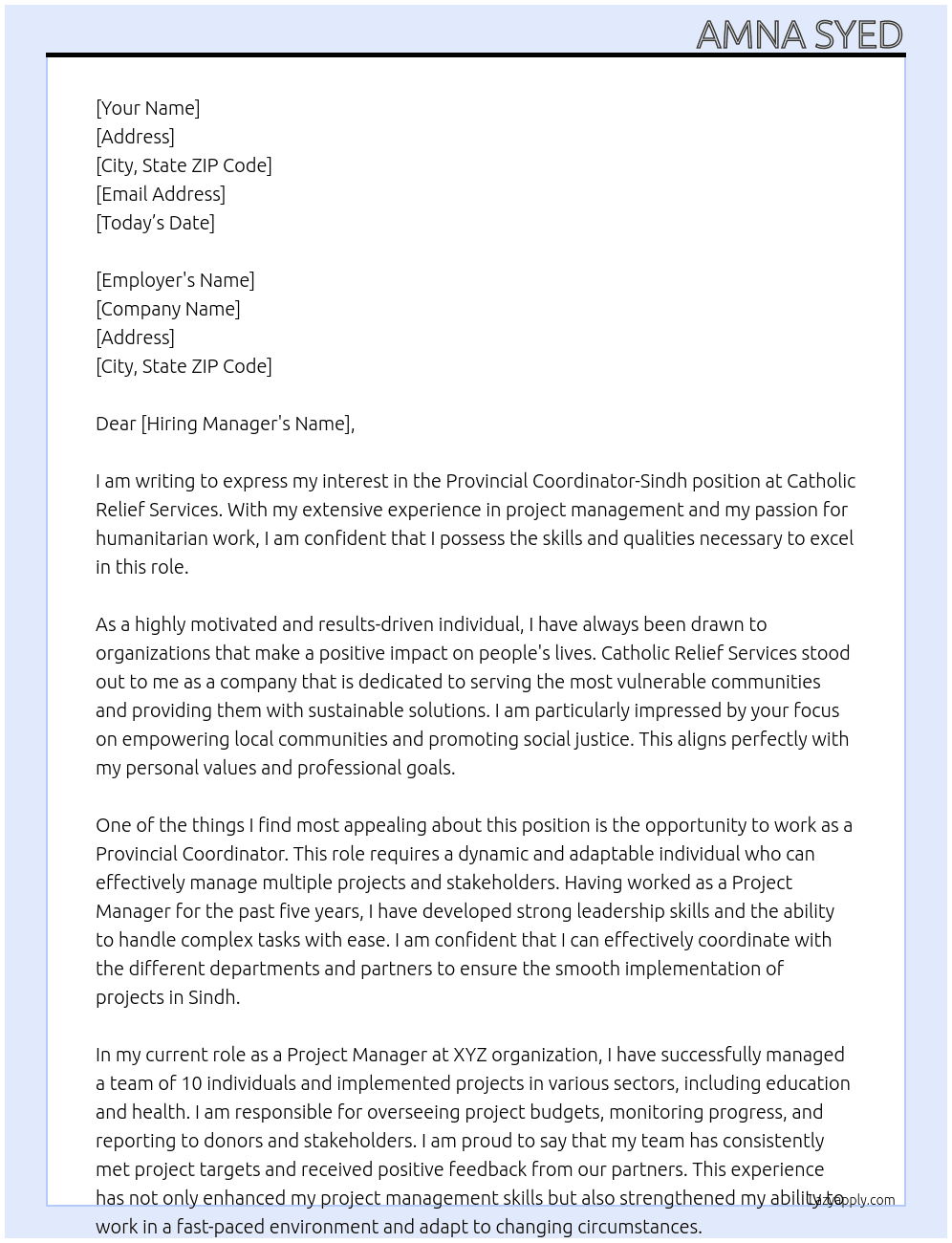 Provincial coordinator-Sindh At Catholic Relief Services Cover Letter