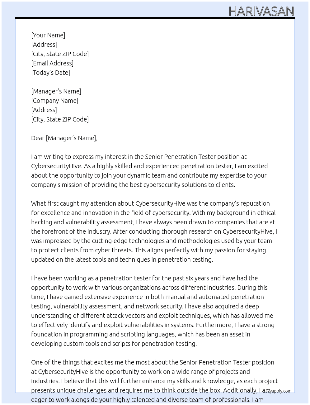 Cover letter for senior penetration tester - LazyApply