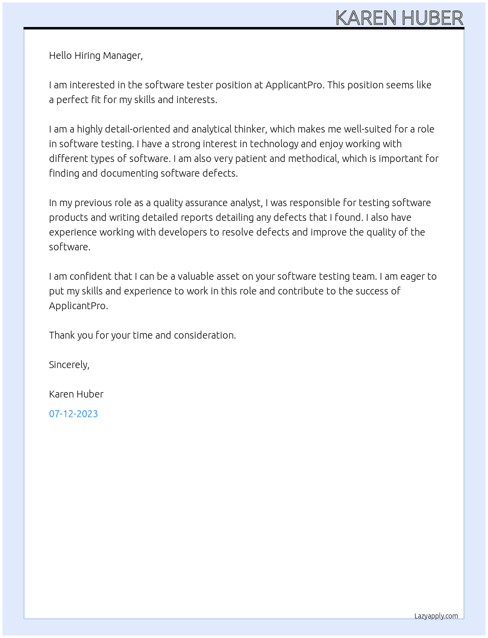 software tester At ApplicantPro Cover Letter