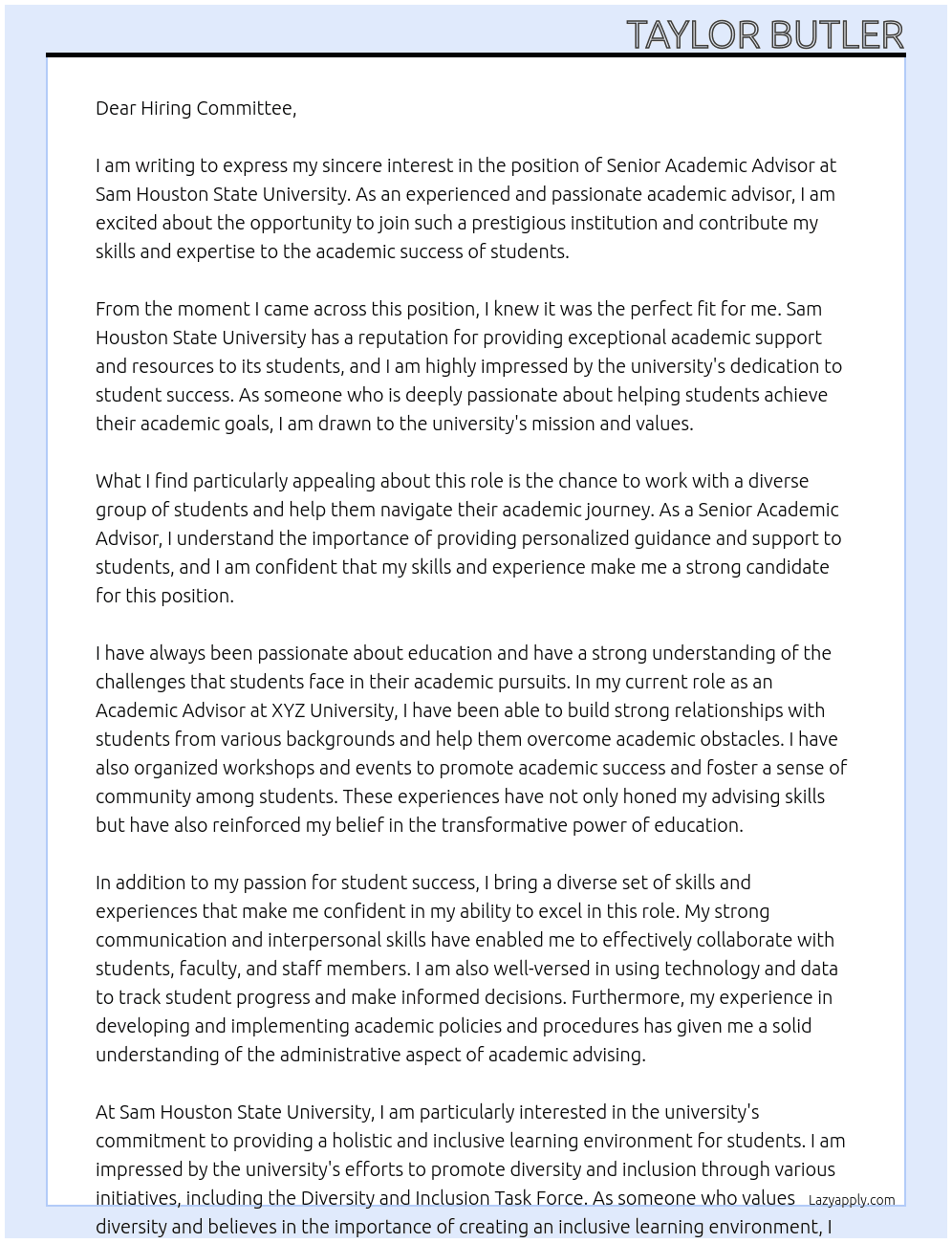 Senior Academic Advisor At Sam Houston State University Cover Letter