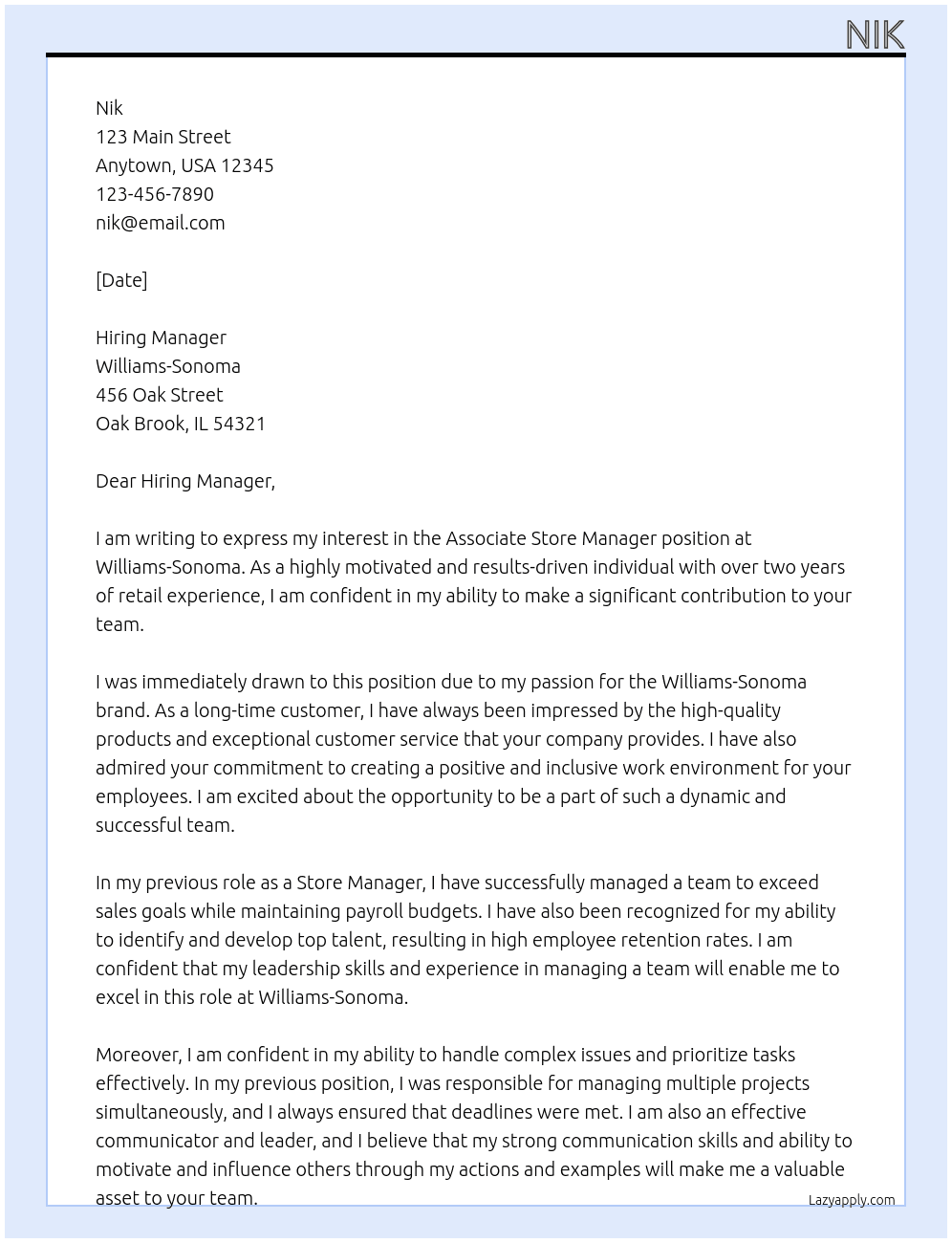 Associate Store Manager At Williams-Sonoma Cover Letter