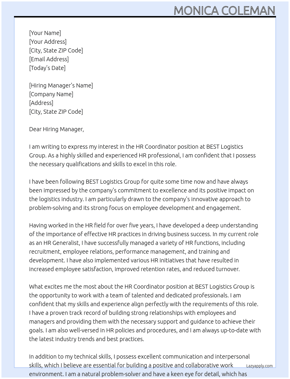 HR Coordinator  At BEST Logistics Group Cover Letter