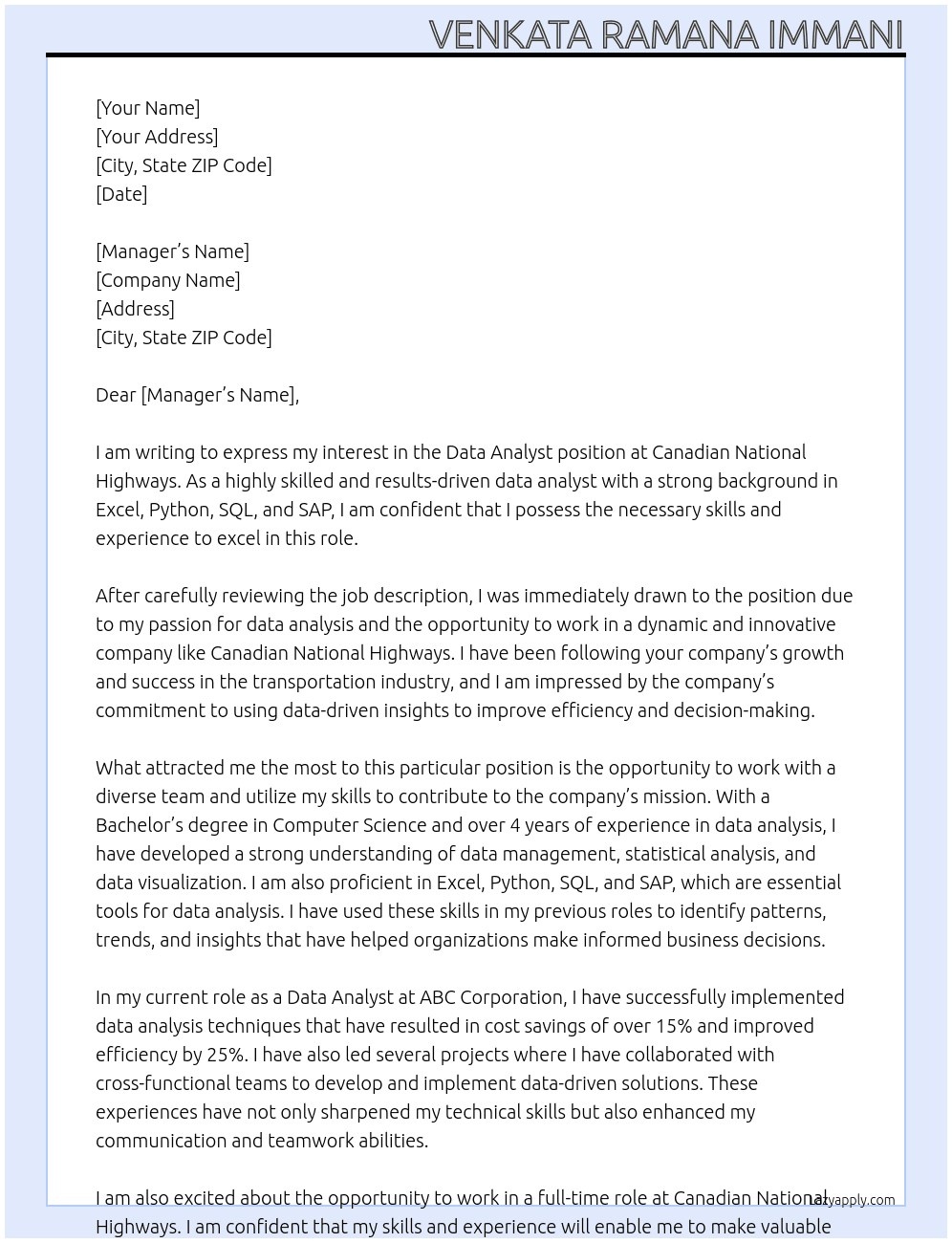 data analysr At Canadian National Highways Cover Letter