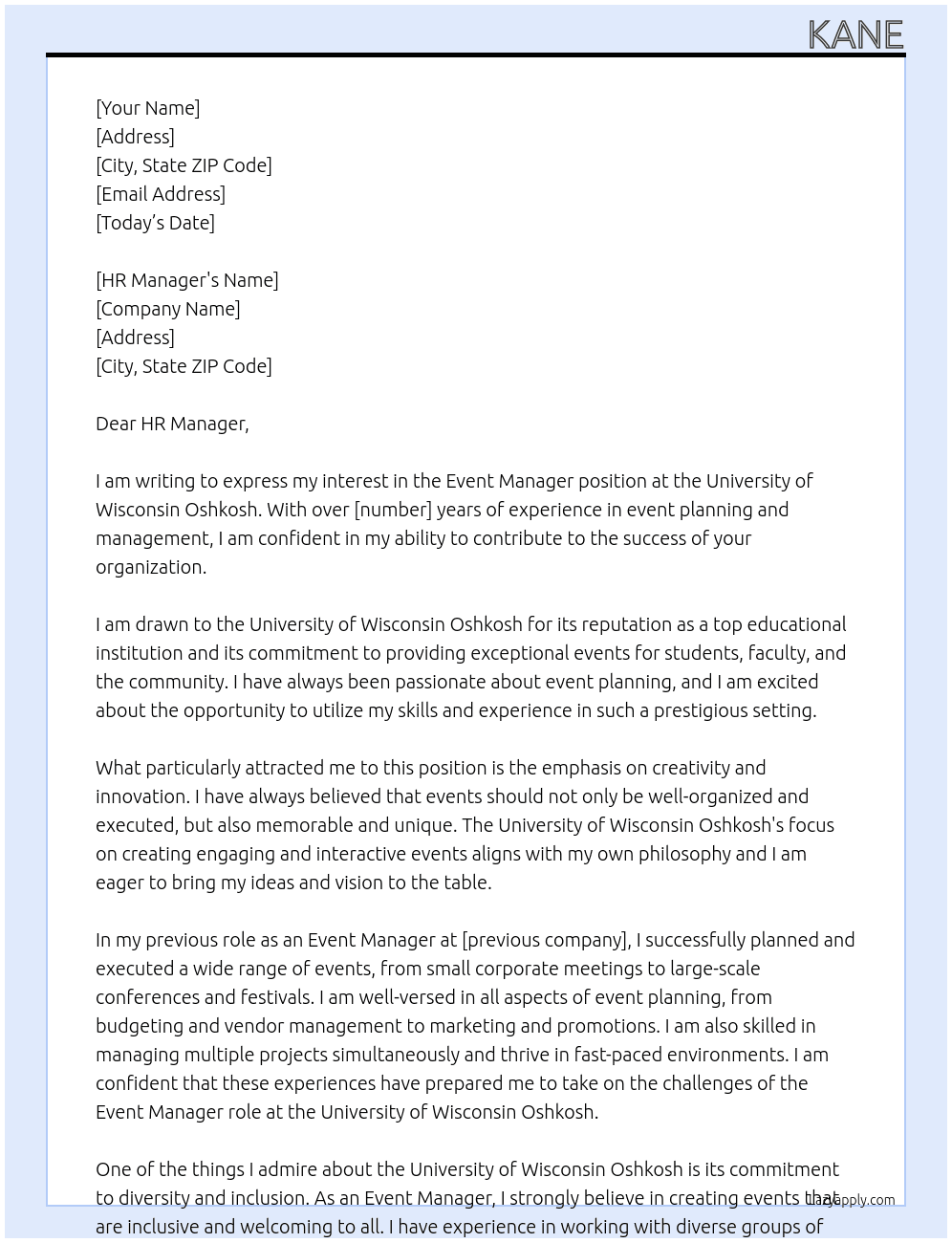Event Manager At University of Wisconsin Oshkosh Cover Letter