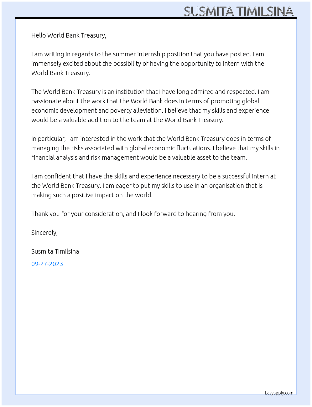 summer internship  At world bank  Cover Letter