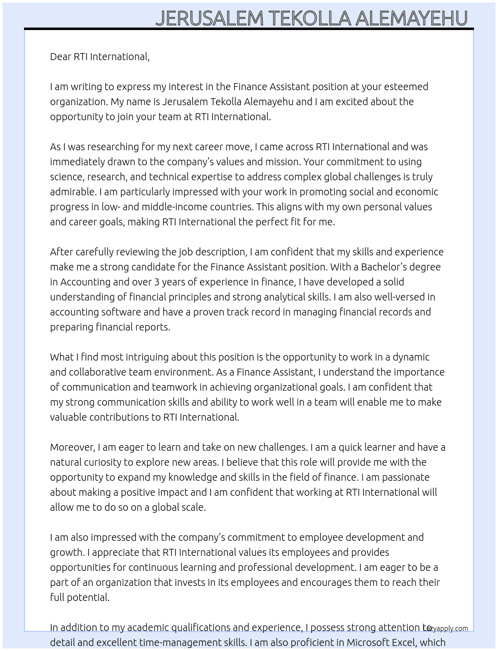 Finance assistant  At RTI international  Cover Letter