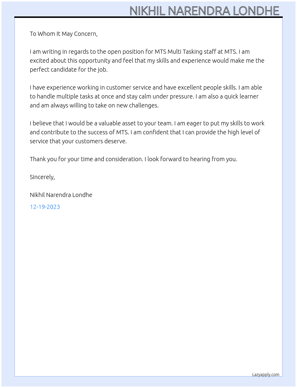 MTS Multi Tasking staff  At MTS Cover Letter